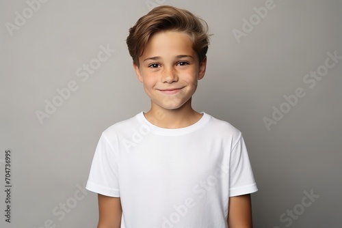 Cute little boy in white t-shirt. Studio shot.