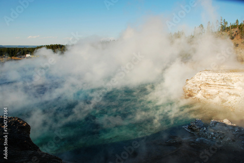 Spectacular panoramic views of Grand Prismatic Geyser in Yellowstone National Park, Wyoming Montana. Midway Geyser Basin. Great hiking. Summer wonderland to watch natural landscape. Geothermal.