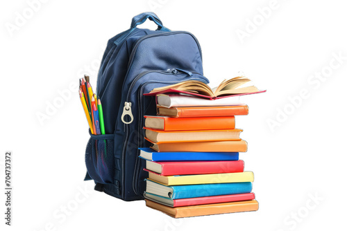 blue backpack standing next to a stack of colorful hardcover books