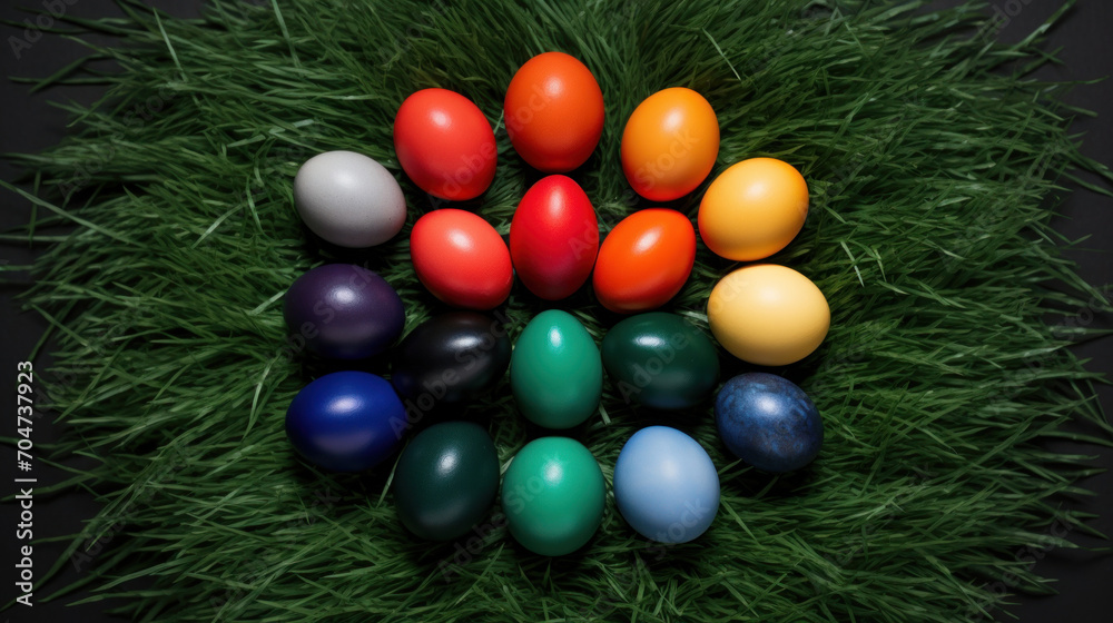 Vibrant Easter eggs in various colors neatly arranged in a circular pattern on a lush green grass background.