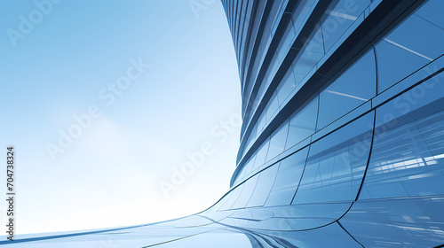 Low angle view of futuristic building, office building skyscraper with curved glass windows, 3D rendering