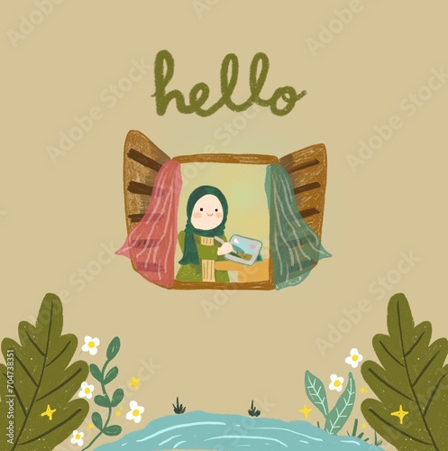 cute happy fasionable hijab girl illustration photo