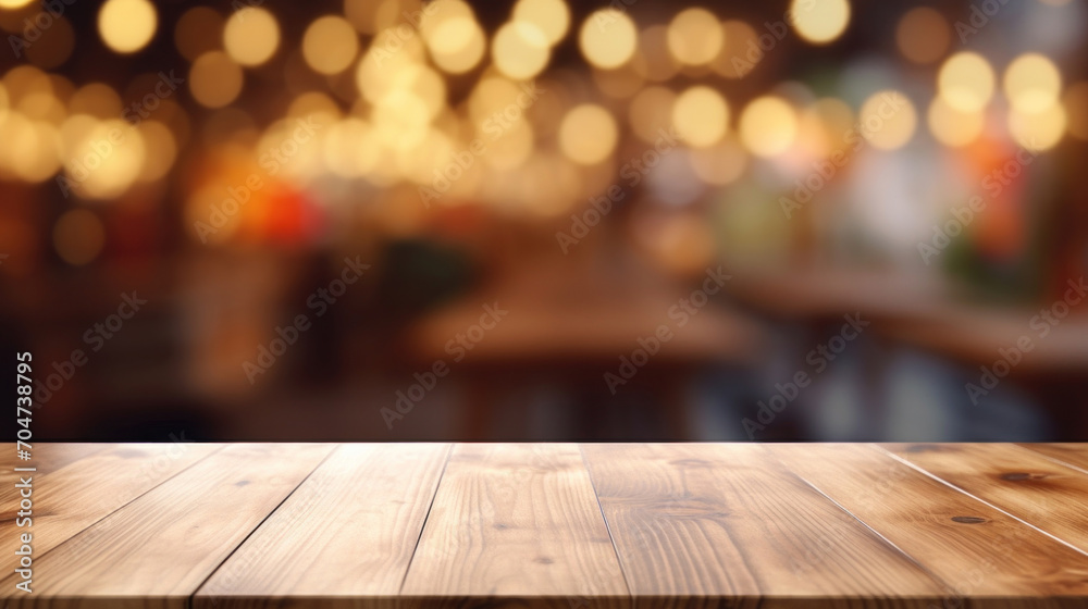 An empty wooden table surface with a warm, bokeh light background, suitable for product display or montage.