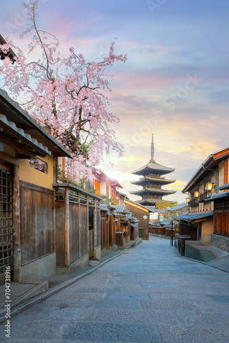 Kyoto, Japan - March 30 2023: The Yasaka Pagoda known as Tower of Yasaka or Yasaka-no-to. The 5-story pagoda is the last remaining structure of Hokan-ji Temple which is built in the 6th-century