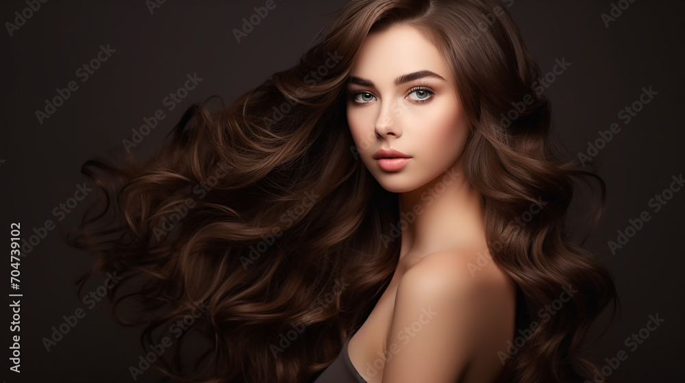 portrait of a beautiful brunette woman with long wavy hair with dark background