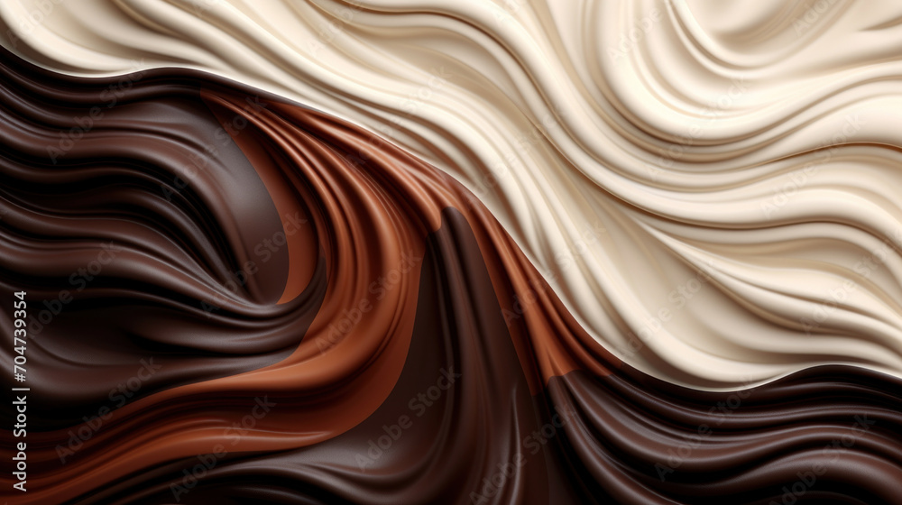 Silky fabric waves in a luxurious blend of chocolate and cream hues, creating a rich and elegant texture.