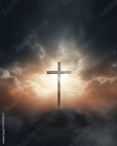 The Empty Cross, hazy, worship background art, Christianity, copy space - generative ai