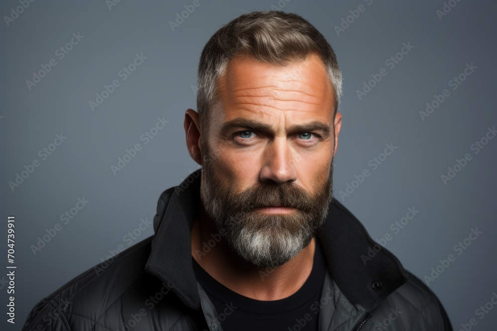 Portrait of a handsome man with a beard and mustache. Studio shot over grey background. Portrait of a handsome man with a beard and mustache. Studio shot over grey background.