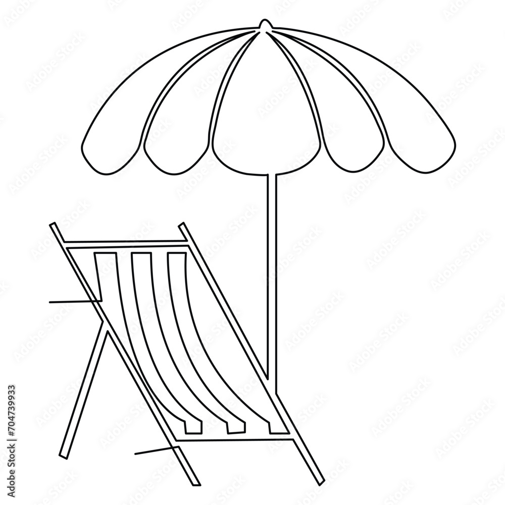 Continuous single line art drawing of beach umbrella and chair for summer holiday outline vector illustration - obrazy, fototapety, plakaty 