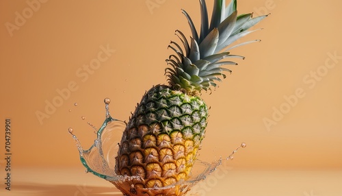 Vibrant Pineapple and Water Splash on Light Orange Background photo