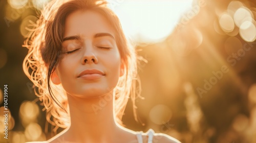 Beautiful woman with eyes closed and relaxing, the sun in a warmth park at sunset.