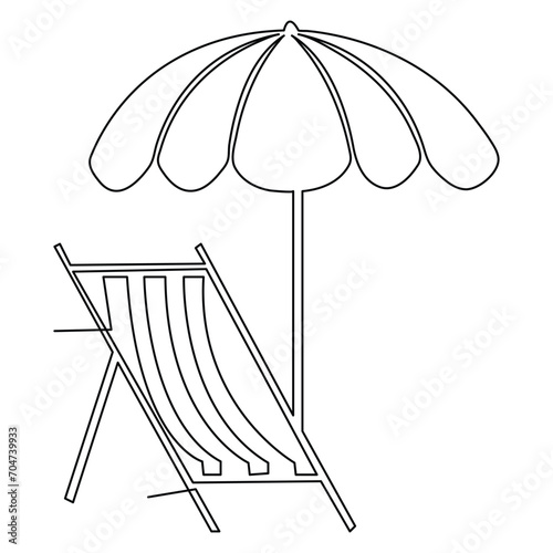 Continuous single line art drawing of beach umbrella and chair for summer holiday outline vector illustration