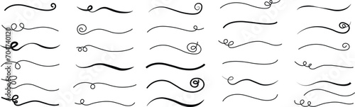 Set of Hand drawn curly swishes, swashes, swoops. Calligraphy swirl. Highlight text element Vectors isolated on transparent background. Underline typography tail shape. Brush drawn thick curved smear. photo