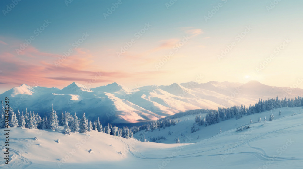 A serene sunrise casts a warm glow over snow-covered mountain peaks and a dense forest, creating a picturesque winter landscape.