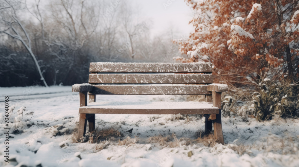 A solitary park bench covered in frost sits against a backdrop of snow-dusted foliage, evoking a quiet winter's day.