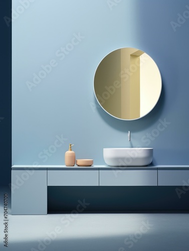 A modern bathroom with a round mirror and sink. Generative AI.