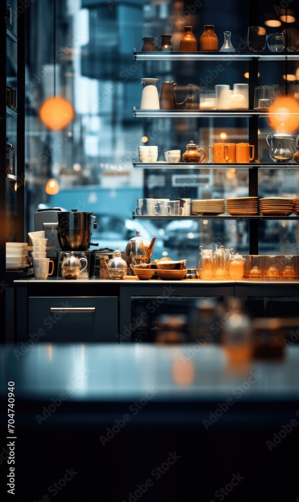 A restaurant kitchen with a lot of dishes and pots. Generative AI.
