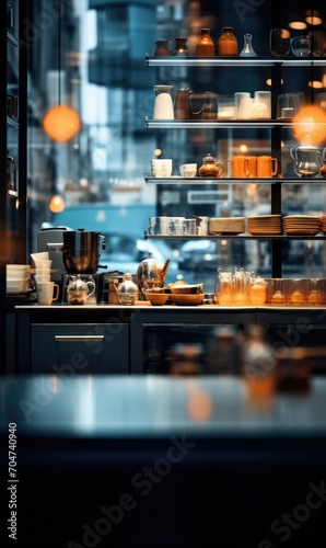 A restaurant kitchen with a lot of dishes and pots. Generative AI.