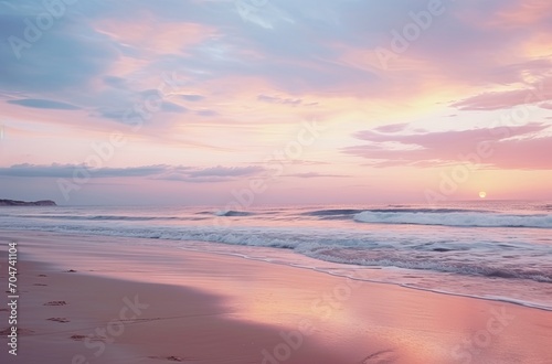 Twilight Serenity  Tranquil Reflections on a Golden Seashore   the tranquil atmosphere  warm colors  and the rhythmic harmony of waves  inviting a sense of relaxation and peaceful contemplation.