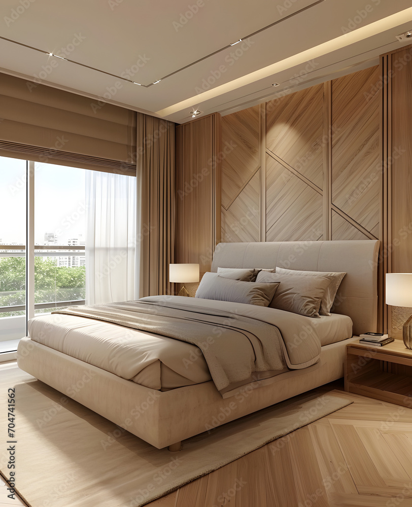 Bedroom with an upholstered bed and wooden walls, in the style of soft and airy compositions, tonalist color scheme, coastal landscapes, warm color palettes, textural detail, clean-lined. Bedroom with an upholstered bed and wooden walls, in the style of soft and airy compositions, tonalist color scheme, coastal landscapes, warm color palettes, textural detail, clean-lined.