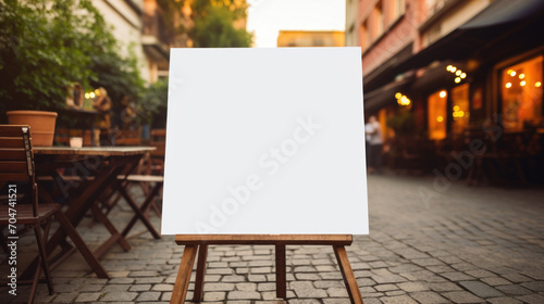 An empty white canvas on an easel stands in a cozy outdoor café setting, inviting artistic display or advertisement.