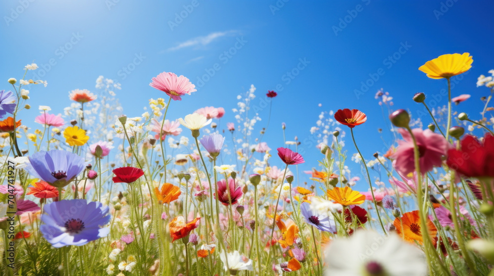 A field of vivid wildflowers presents a picturesque summer scene with a bright blue sky and diverse flora.
