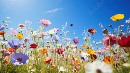 A field of vivid wildflowers presents a picturesque summer scene with a bright blue sky and diverse flora.