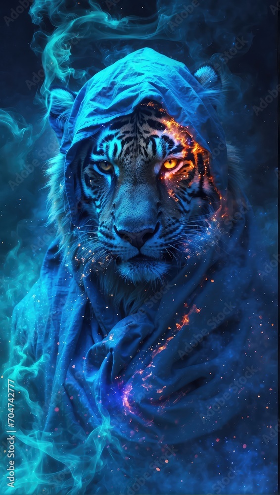 a tiger with a mystical, cosmic aura, shrouded in a blue cloak against a backdrop of stars and nebulae