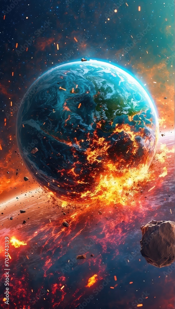 a planet with one half engulfed in flames and debris in space, suggesting a catastrophic event