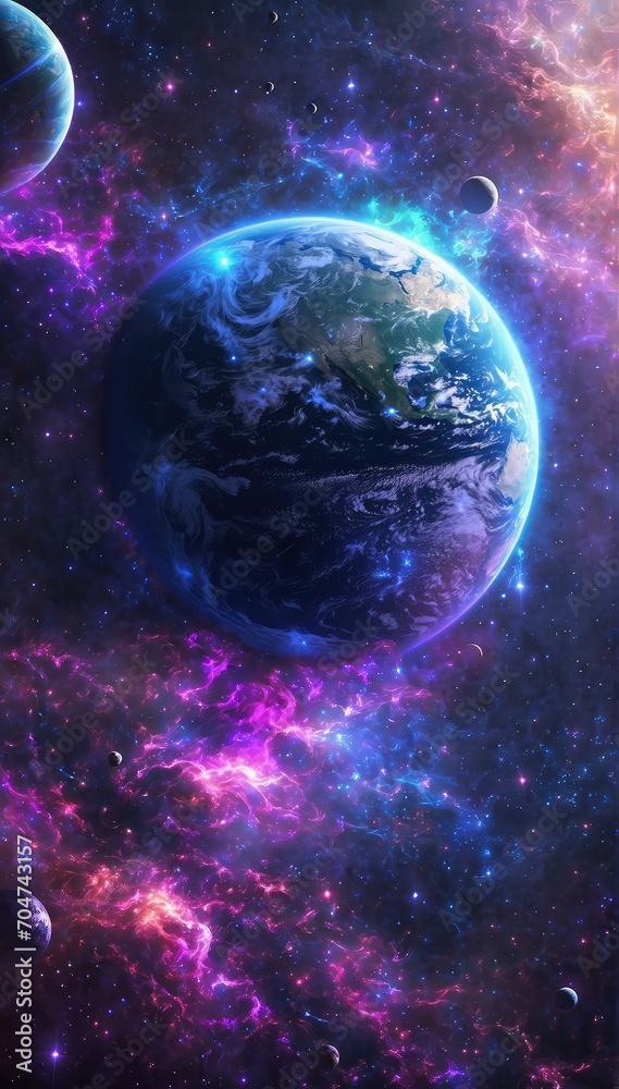 Earth-like planet with a glowing atmosphere in space, surrounded by a colorful nebula and other celestial bodies Earth-like planet with a glowing atmosphere in space, surrounded by a colorful nebula and other celestial bodies