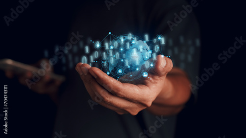 Digital Technology 0101 Internet Network Connection Number Big Data Internet IoT Digital Marketing Man with open hands with modern icons surfing the internet metaverse future of innovative technology.