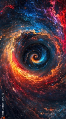 cosmic swirl of blue and red nebulae, reminiscent of a galaxy, with stars scattered throughout the space