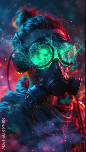 a person wearing a gas mask with glowing green goggles, surrounded by colorful smoke, with a moody, cyberpunk aesthetic
