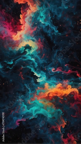 colorful smoke-like patterns in red, yellow, and blue hues against a star-speckled black background