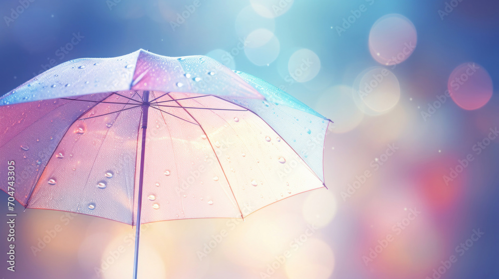 Close-up of a rain-spattered umbrella against a radiant bokeh backdrop, embodying the refreshing essence of a rainy day.