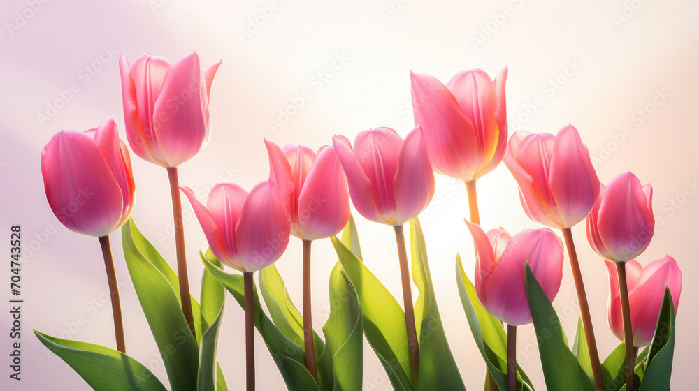 Row of pink tulips basking in a warm backlight, creating a serene and inviting springtime scene with a soft glow.