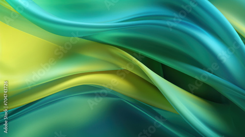 The dynamic interaction of teal and yellow satin fabric folds, creating an artistic and vibrant textile wave.