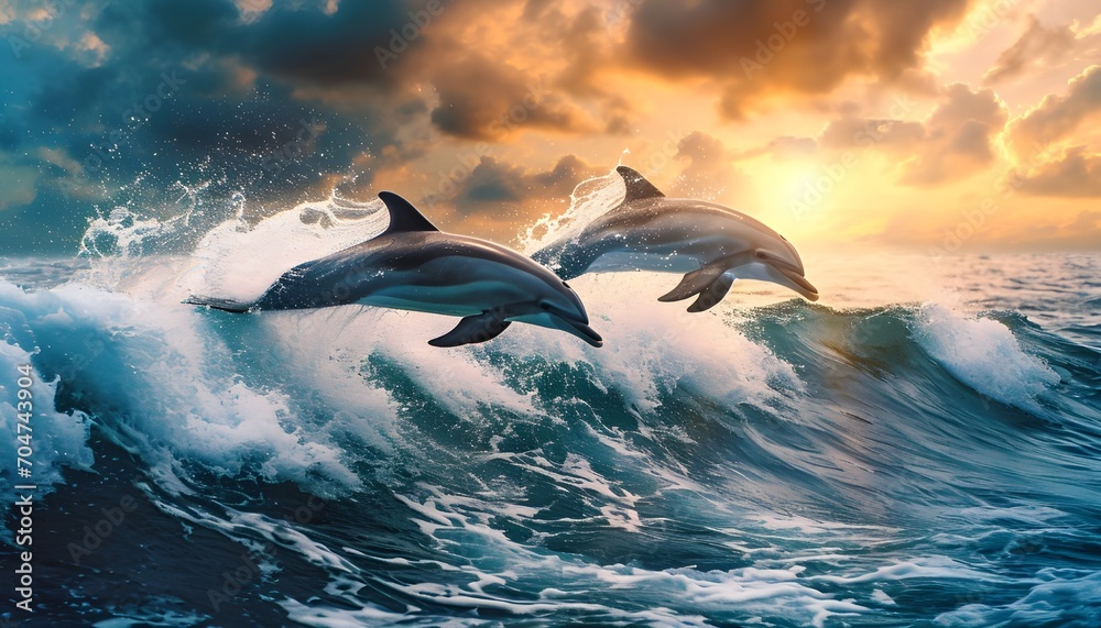 Fototapeta premium Dolphins jumping over waves illustration
