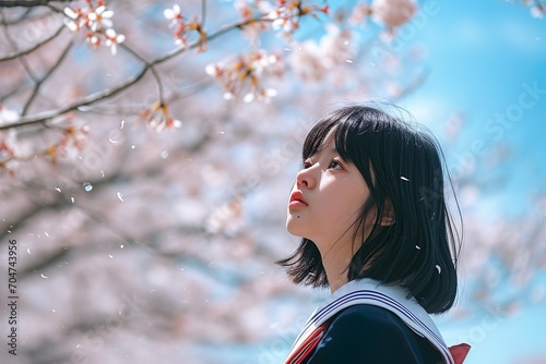 桜満開の中、空を仰ぐ女子学生01 photo