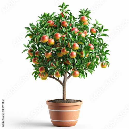 The potted apple tree bears a lot of fruit