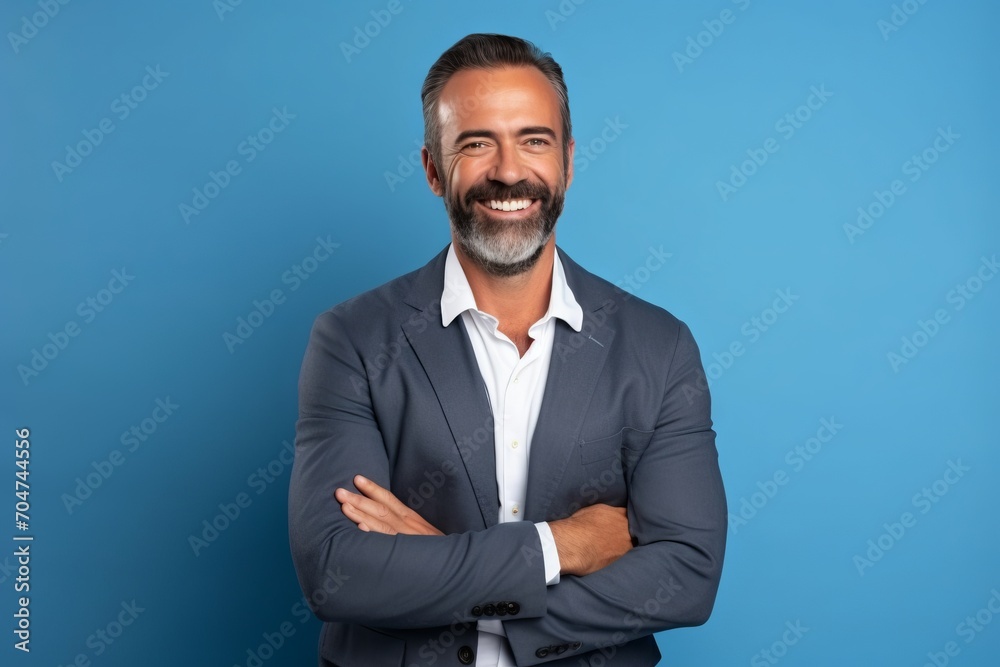 Portrait of happy mature businessman with arms folded over blue background. Portrait of happy mature businessman with arms folded over blue background.