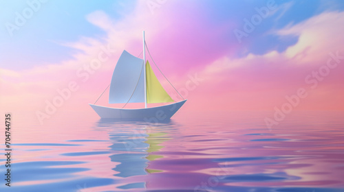 A serene scene with a paper boat floating on calm waters under a beautiful sunset sky with soft pink and blue hues.