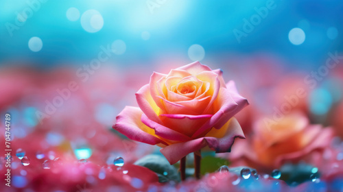 Close-up of a vibrant rose with delicate dew drops adorning its petals  set against a dreamy blue and red background.
