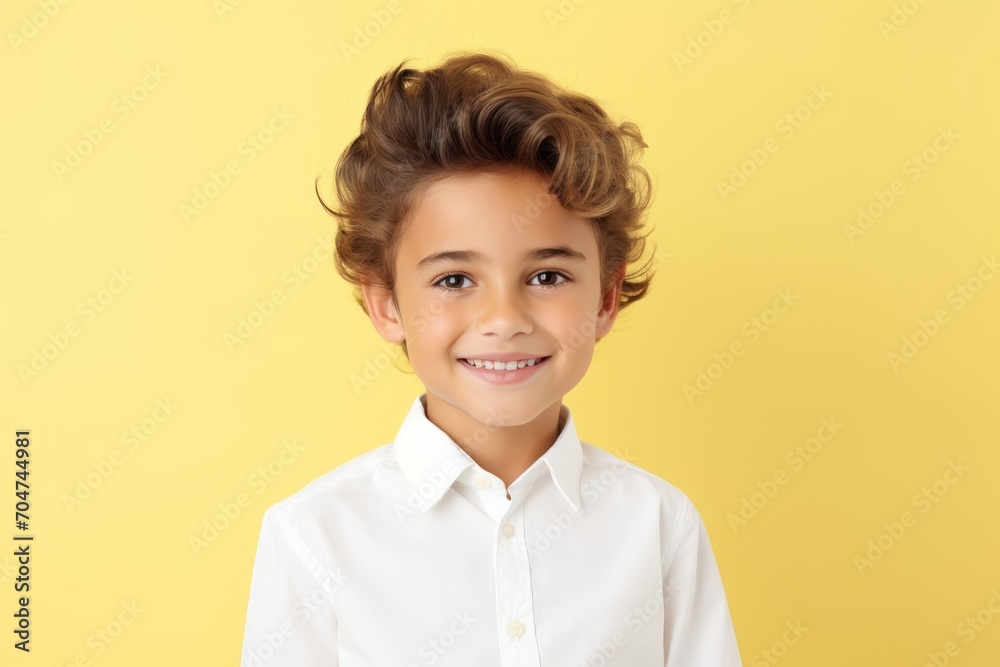 Portrait of a cute little boy in white shirt on yellow background