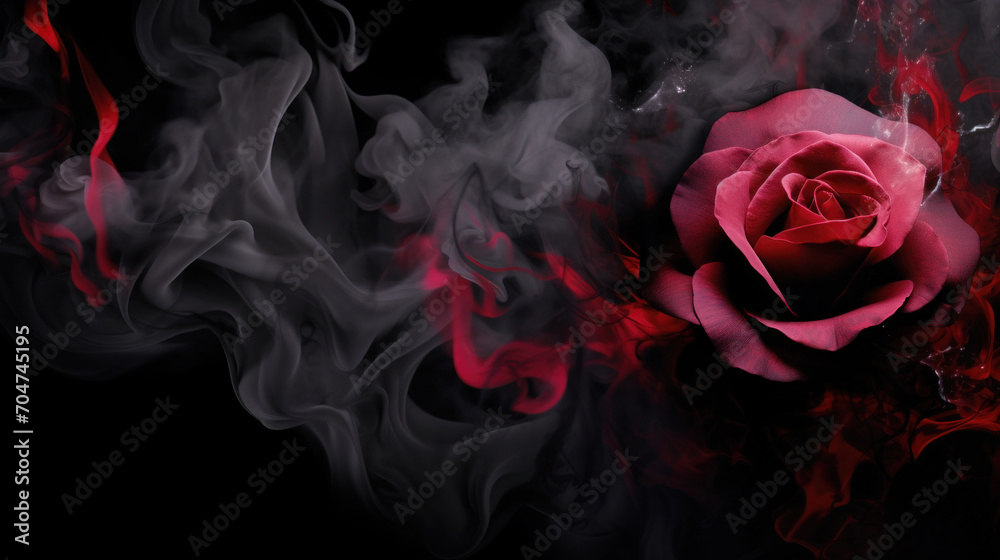 A striking red rose emerges from swirling smoke against a dark background, creating a dramatic and mysterious atmosphere. A striking red rose emerges from swirling smoke against a dark background, creating a dramatic and mysterious atmosphere.