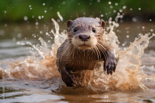 Otter splashing in the water. (Lutra lutra)