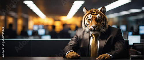 buying stocks with a mesmerizing depiction of an business Tiger, their back presented in a half-turn, wearing suits in an office, seated in front of a commanding monitor photo
