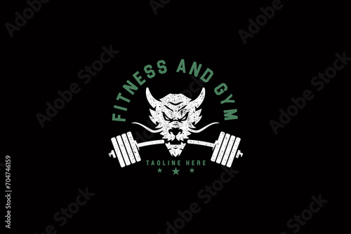 dragon fitness gym with weight plate logo design for bodybuilding and sport club