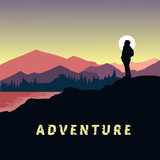 silhouette of a person in the mountains, adventure design concept for background