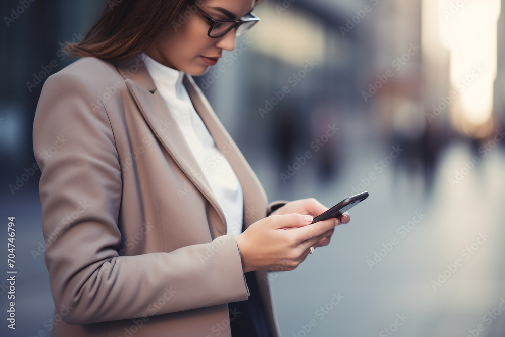 Businesswoman in glasses using smartphone in urban setting Businesswoman in glasses using smartphone in urban setting